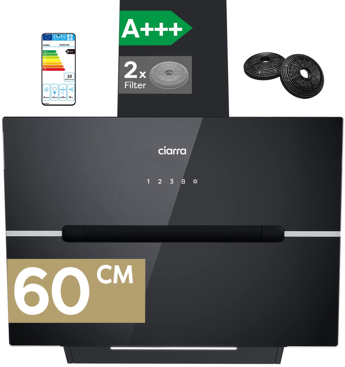 CIARRA VM6736FB - A+++ 650 m³/u Schuine Afzuigkap 60 cm met BOOST 4 Standen Wi-Fi & Touchbediening & App