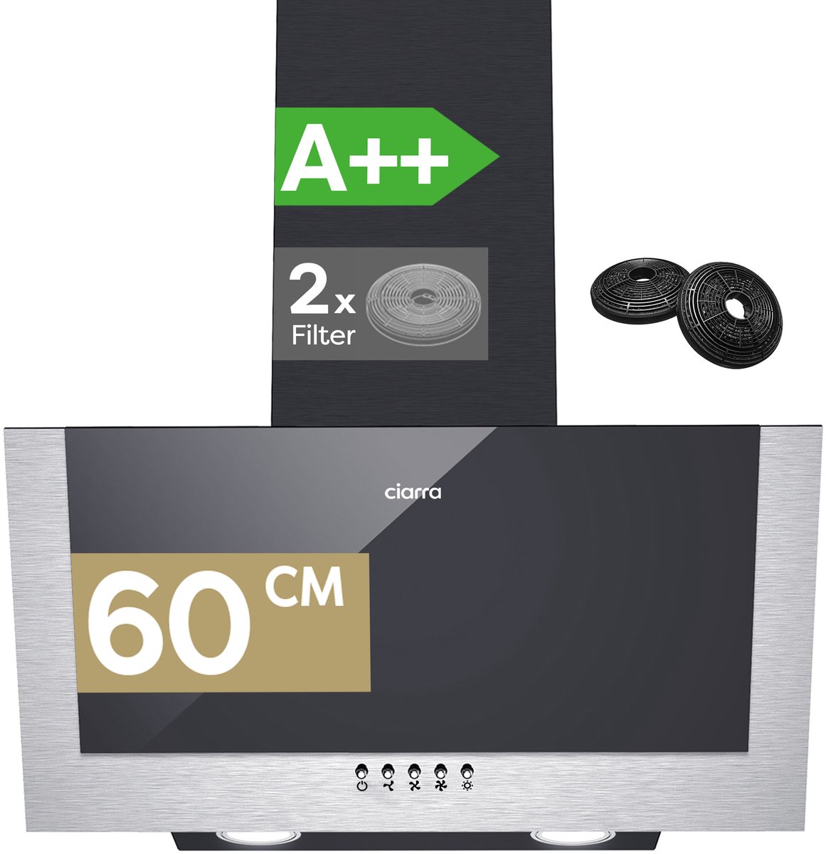 CIARRA VM6736CB - Schuine Afzuigkap 60 cm A++ 370 m³/u, met LED Recirculatie & Luchtafvoer Inclusief Koolstoffilters