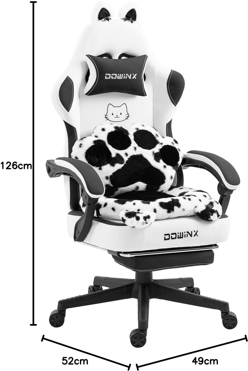 Gaming Stoel Ergonomisch met Voetsteun – Vleugelloze Zit – Verstelbare Rugleuning – Zachte Stof – Zwartwit – Voor Gaming, Werk en Studie – Middelgroot – 1 Stuk – foto 6