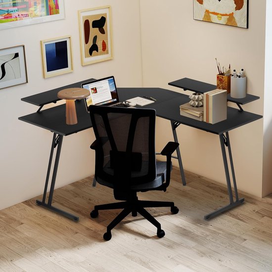 Gamingtafel - Bureau werkstation - Thuiswerken gamen - L-vormig hoekdesign - 140 cm - Zwart — afbeelding 5