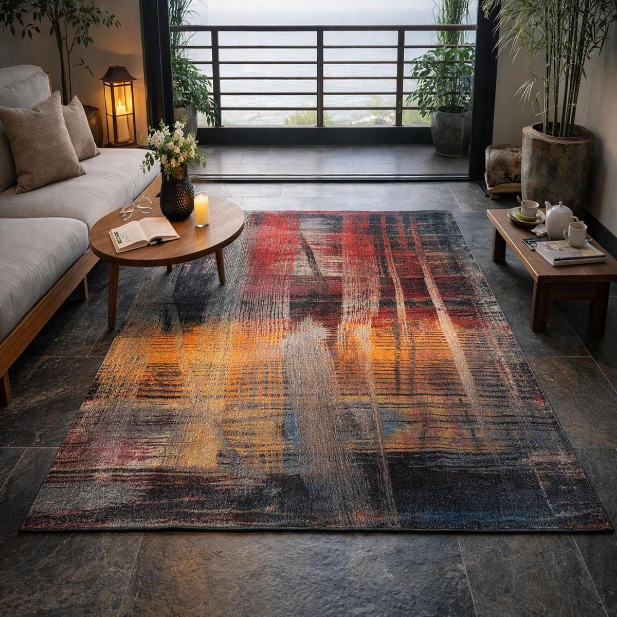 Vloerkleed Vierkant - Abstract Tapijt - Woonkamer Decoratie - Wasbaar Antislip - 180 x 180 cm - Rood Oranje Zwartgrijs