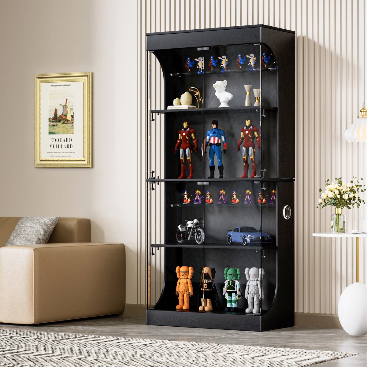 YYCHAN Vitrinekast Met Glas-Met Led Verlichting Drie Kleuren-Intelligente Detectie-Massa Opslag-Woonkamer/Kantoor-Zwart