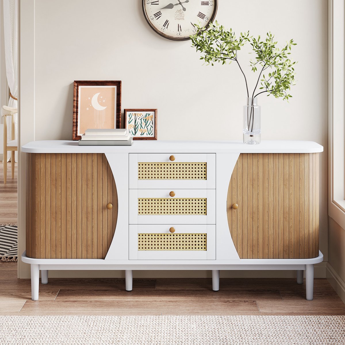 VVBV Dressoir met Schuifdeuren, Rotanlook - Verstelbare Planken, Deuren - Rotanlook