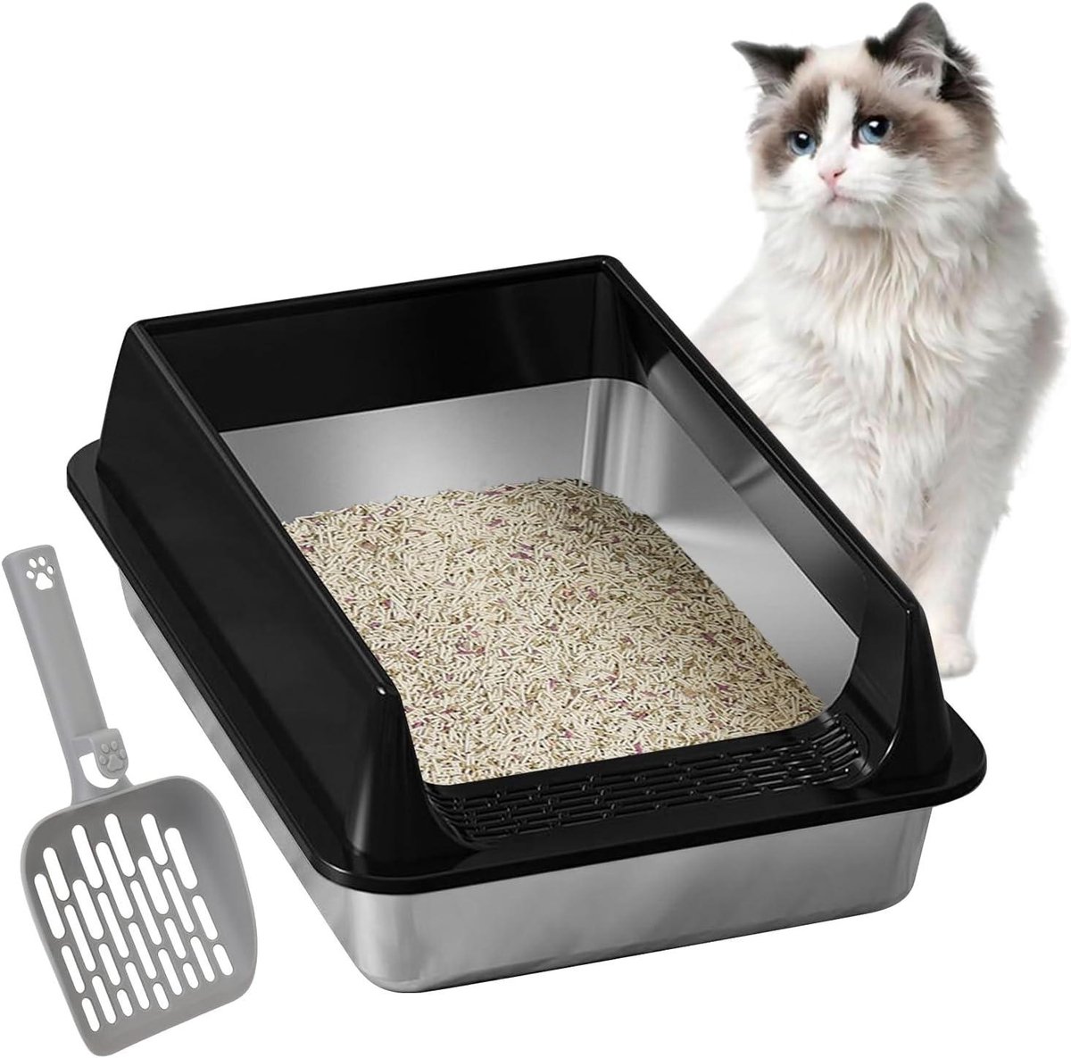 Kattenbak RVS - Huisdierbak Toilet - Hygiënisch Houden - Spatwaterdicht Ontwerp - 41.5 x 31.5 x 10 cm - Zwart