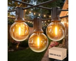 Yuusei 60M Lichtsnoer voor buiten, LED lichtsnoer voor buiten met afstandsbediening, 100+4 G40 kunststof waterdicht IP45 gloeilampen warmwit voor feest, tuin, terras, bruiloften (Energieklasse G)
