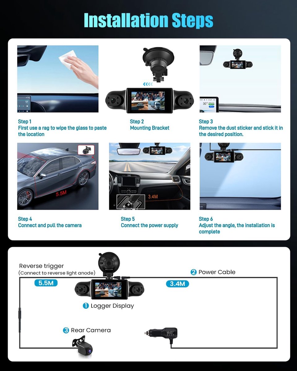 Auto Dashcam - Autocamera Rijrecorder - Veilige Ritten - 4 Kanaals 360° Opname - 3 Inch Scherm - Zwart – foto 3