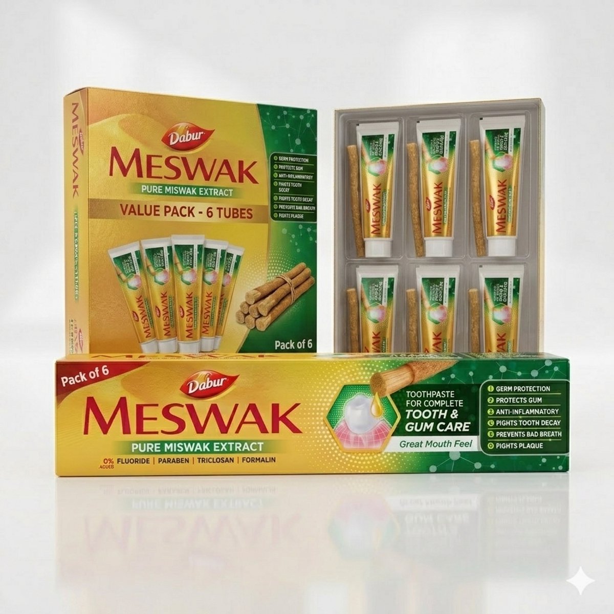 Dabur Meswak Tandpasta - 6 X 100g - Natuurlijke Kruidentandpasta met Puur Miswak Extract - Fluoridevrij & Ayurvedisch - Voor Sterk Tandvlees, Tegen Tandplak & Frisse Adem - Vegan - Voordeelverpakking Met Kajal Sticker
