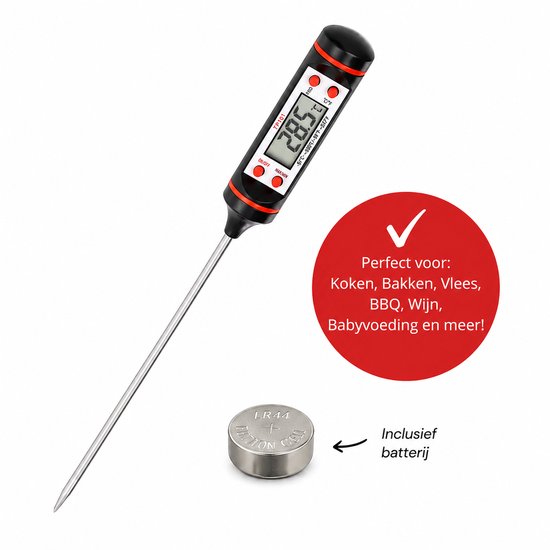 ZoeZo Design - Thermometer FT101 - Keuken Thermometer - RVS - Voedsel Melk, Vlees, BBQ, Water - Zwart - Rood - Voedselthermometer - Digitaal - Temperatuurmeter - Keukenthermometer