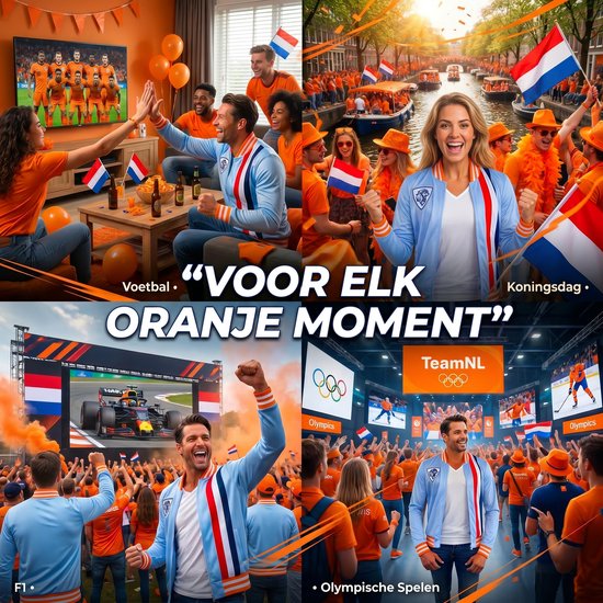 Collage van Oranje fans in actie, juichend voor de TV, op straat en bij sportevenementen, allemaal in oranje kleding en oranje jacks.