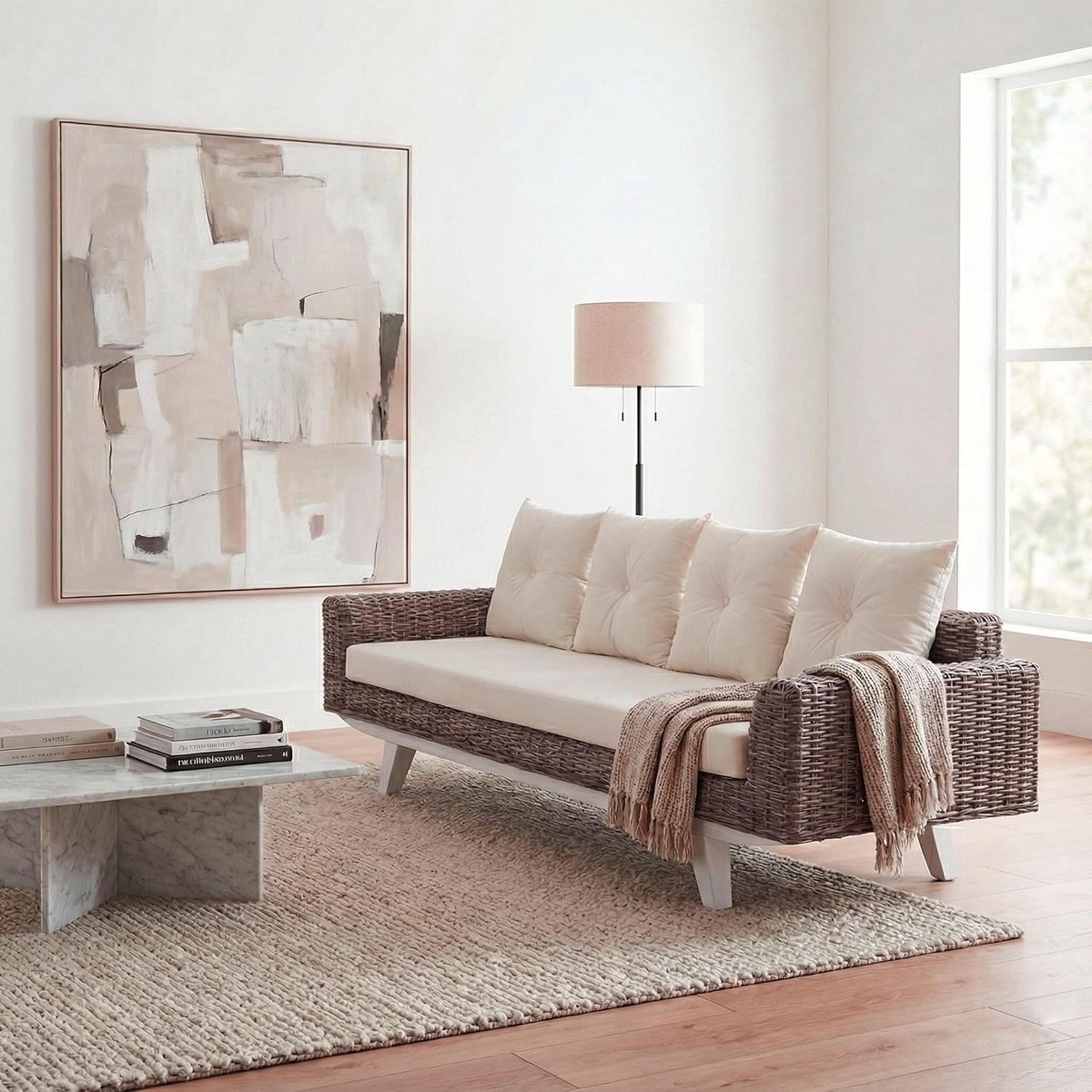 Luxe Kubu Rattan 4-Zits Bank “Natural Elegance” 209 cm - Crème Kussens & Natuurlijk Rotan Design