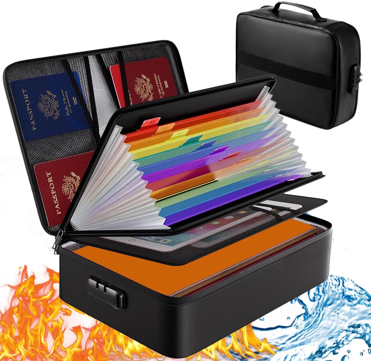 carmdering - Brandveilige Documentenmap - Vuurvaste Map - Accordeon Organizer - Brand- En Waterbestendig - Cijfercode Slot Met Dubbele Ritsen - Silicongecoat Glasvezel En Aluminiumfolie - 13 Kleurrijke Vakken Voor Organisatie - Veilig Transport