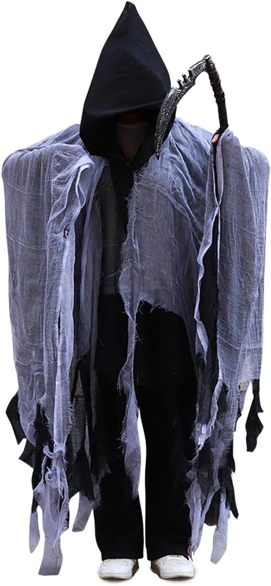 Horror Kapmantel voor Halloween, Middeleeuwse en Renaissance Stijl, Grim Reaper Cosplay Kostuum voor Volwassenen met Kap