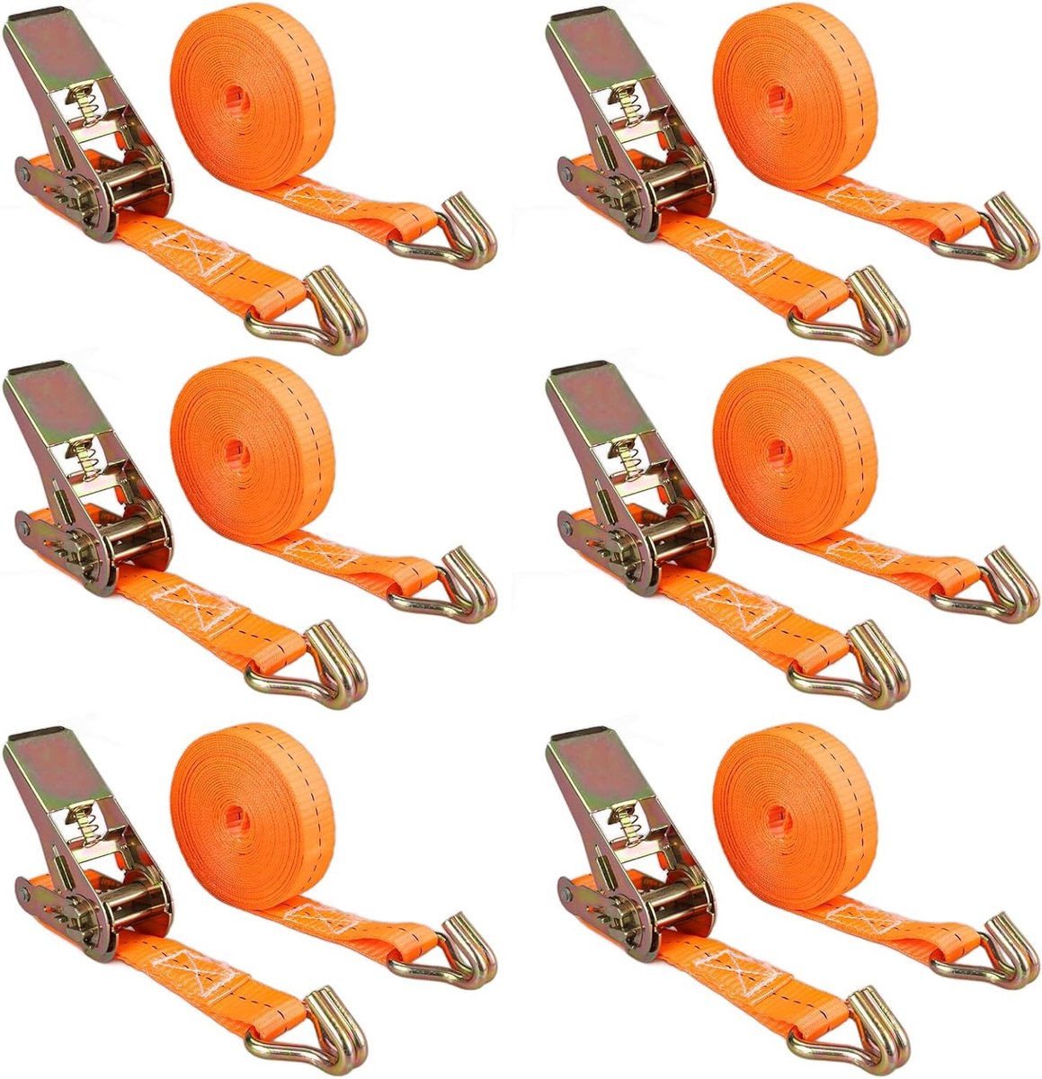 Set van 6 ratelbanden met haken en 5 m spanband van 25 mm breed, ideaal voor bagage en het vastzetten van ladingen, oranje kleur
