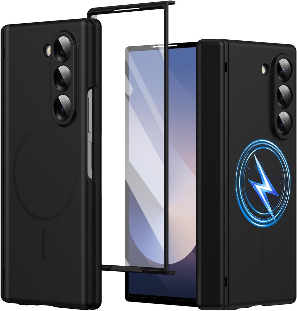 Screen Protector Hoes voor Galaxy Z Fold6 met Volledige Camera Bescherming, Hinge Bescherming en Magnetische Silicone Case, Zwart, Geschikt voor Draadloos Opladen