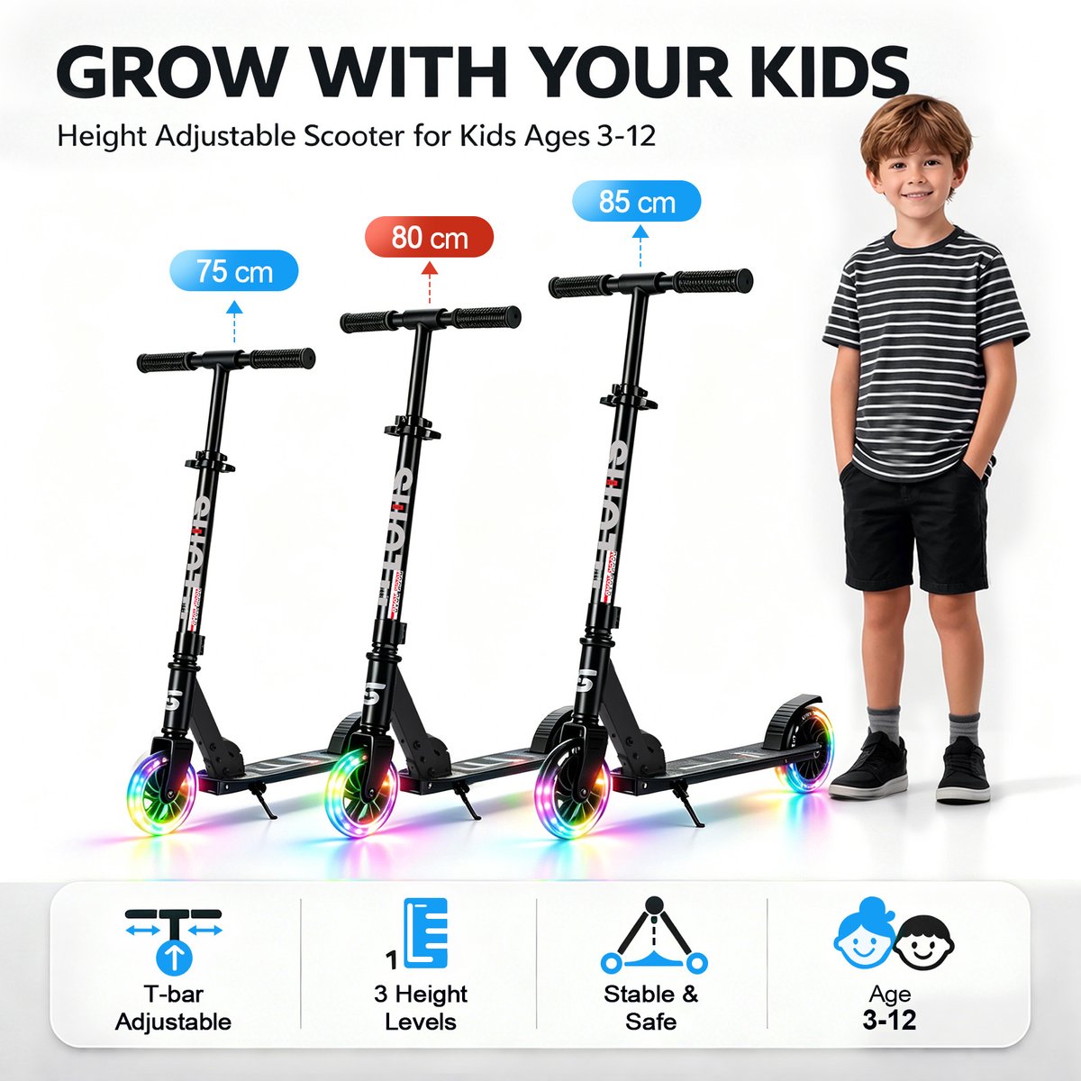 Suotu Kinderstep - 145mm Lichtgevende Wielen - Step - Speelgoed Jongens/Meisjes - Max stuurhoogte: 85 cm - Aluminium - Zwart — afbeelding 5
