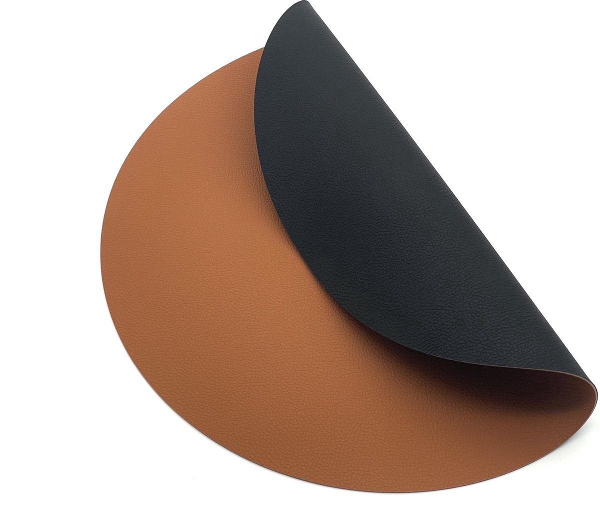 REWYTAZ-6 luxe placemats lederlook - 6 stuks - ROND zwart/bruin - 38 cm - dubbelzijdig