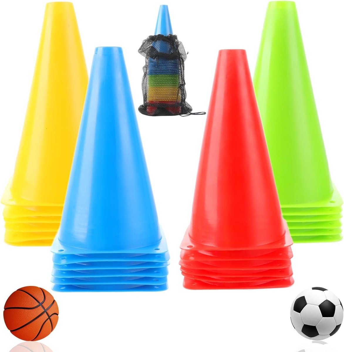 Allecto - Pylonen - Voetbaltraining - 24 stuks - Kunststof - Markeringskegel - Geschikt voor binnen en buiten - Rood geel blauw groen