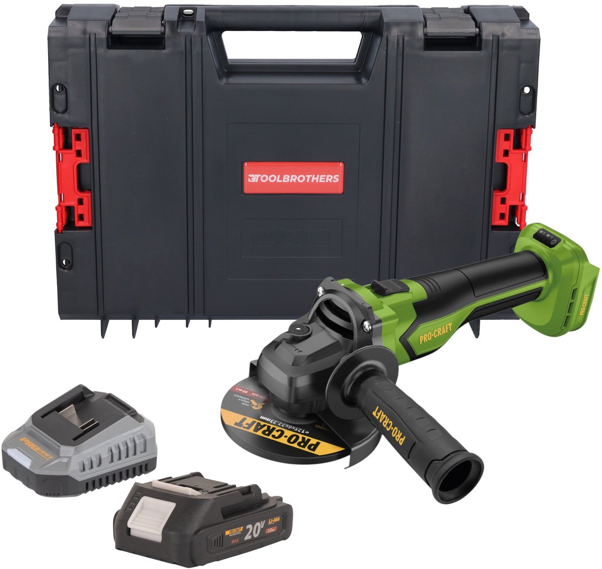 Procraft PGA22-BB accu haakse slijper 20 V 125 mm borstelloos + 1x accu 2,0 Ah + oplader + RHINO-gereedschapskoffer