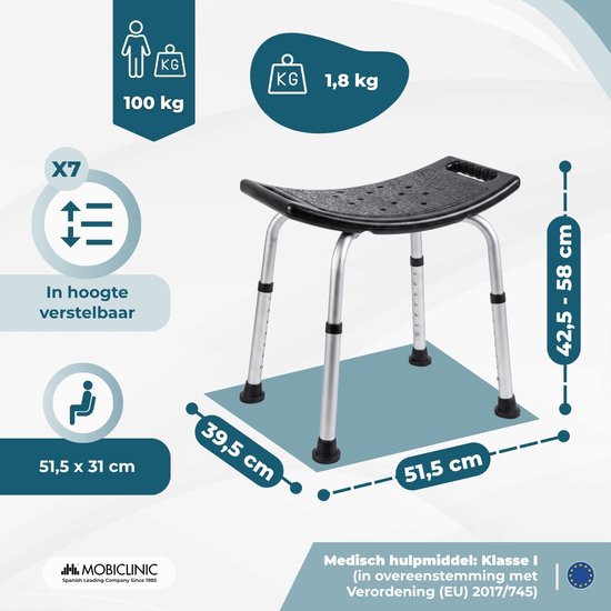 Mobiclinic San Fermín - Douchestoel - Aluminium - In hoogte verstelbaar - Antislipvoetjes - Zwart van Merkloos — afbeelding 5
