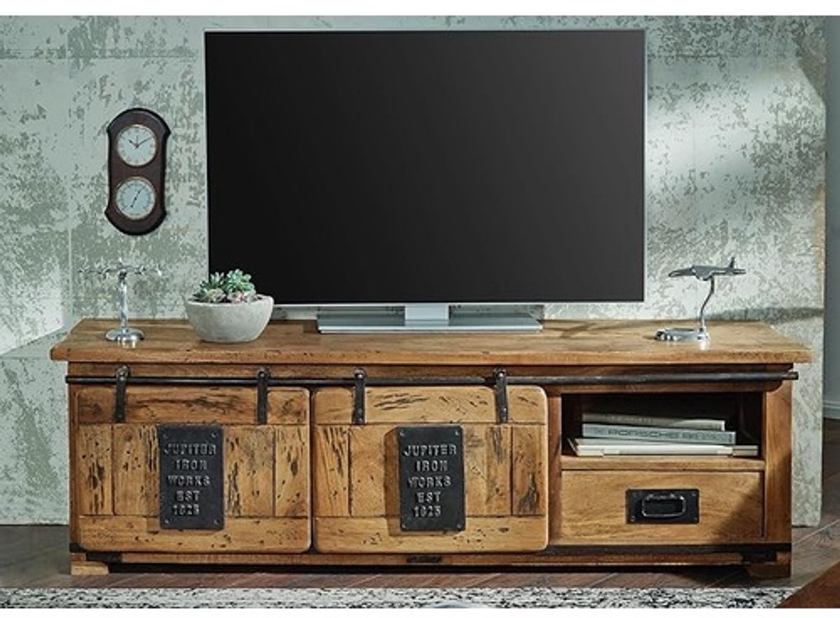TV meubel 160x45x50 cm – Mango hout industrieel modern RailWay lowboard tv kast met lade en open vak – nature
