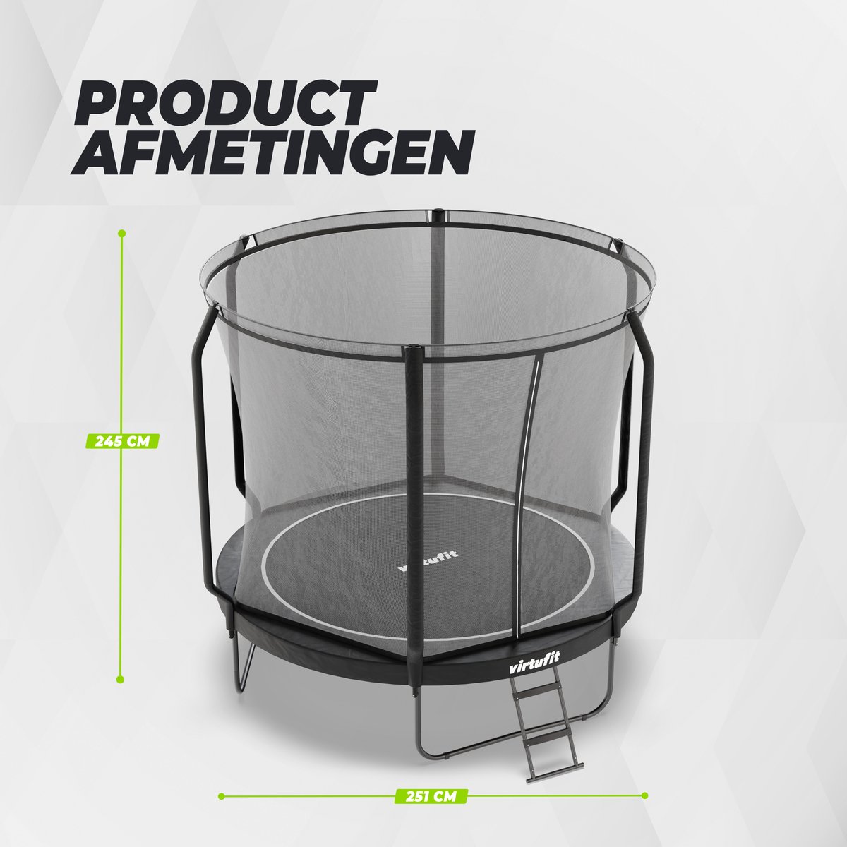 VirtuFit Premium Trampoline met Veiligheidsnet - Ø 251 cm Diameter - Incl. Beschermrand - Extra Veilig - Gratis trap - Water- en UV-bestendig - Max. 150 kg - Voor Kinderen en Volwassenen - Zwart — afbeelding 17