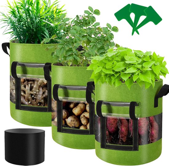 3 Stuks 10 Gallon Aardappel Kweekzakken Met Flap - 360 Graden Zichtbaar - Afmeting 35x45 Cm - Met Handvatten En Venster - Voor Groenten Aardbeien En Zoete Aardappel - Binnen En Buiten