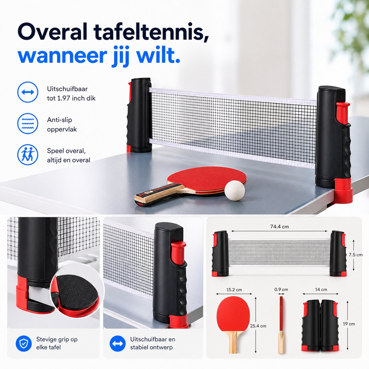 BOTC Tafeltennis Set - 2 Tafeltennisbatjes - 6 Pingpongballen - 1 Tafeltennisnet Uitschuifbaar - Zwart — afbeelding 9