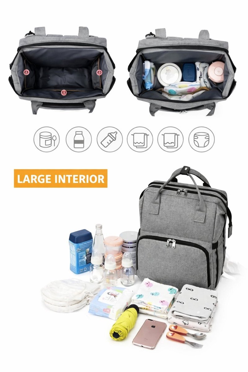 Luiertas Baby Verzorgingstas Grijs Met Opvouwbaar Bed Waterdichte Luiertas Met Thermische Vakken En Kinderwagen Bevestiging thumbnail 2