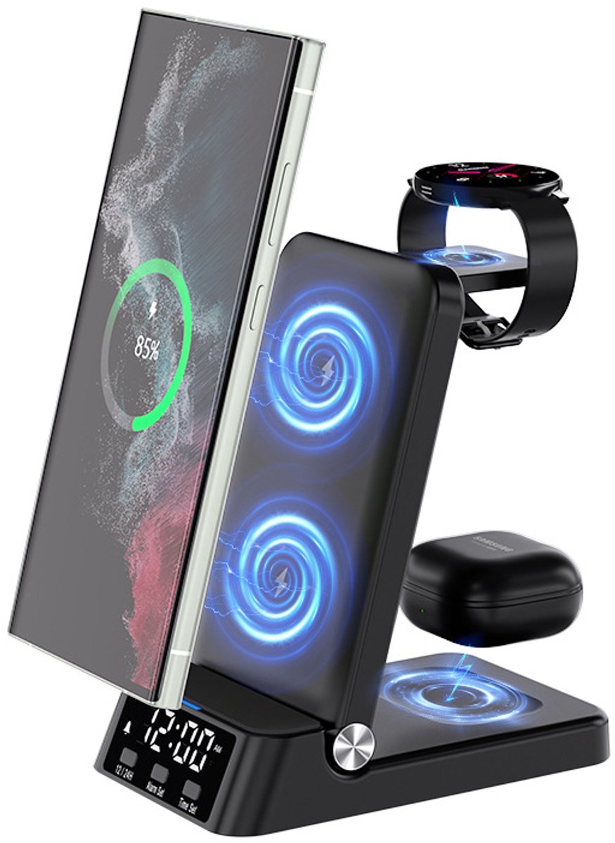 4-in-1 draadloos laadstation, 15W snellader geschikt voor iPhone, Samsung, Apple Watch en AirPods | Opvouwbaar verticaal laadstation met wekker (zwart)