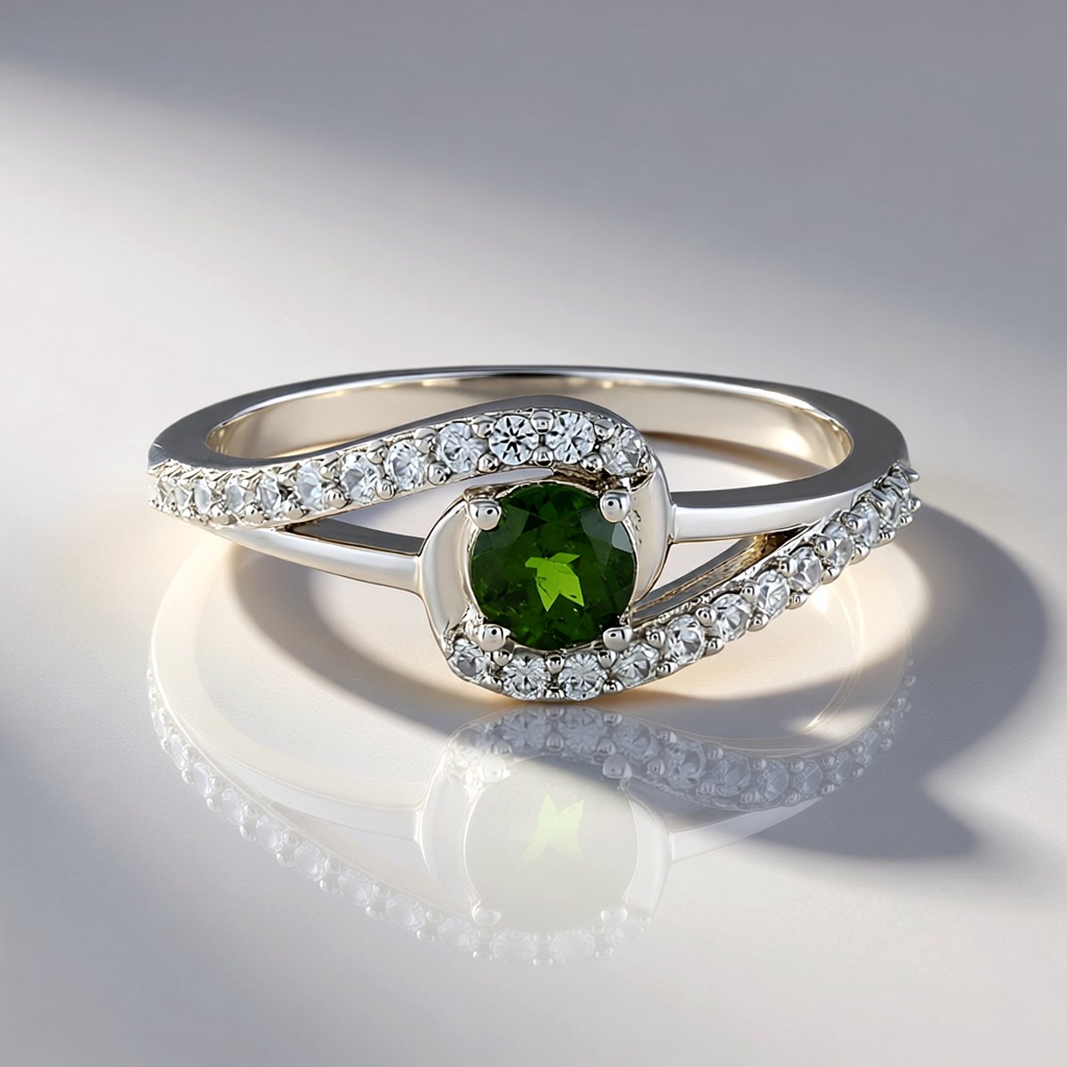 Cavill - Verstelbare Ring 925 Zilver Platina Verguld - 0,435 ct Russische Diopsied Rond Edelsteen - 0,914 ct Zirkonia - Elegant Groen Sieraad Dames