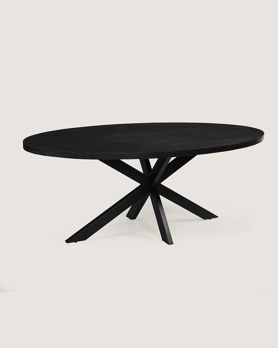 Ovale Eettafel 140 cm Mangohout – Zwart – Zwart Metalen Matrix Onderstel – Industrieel – 3-4 Personen