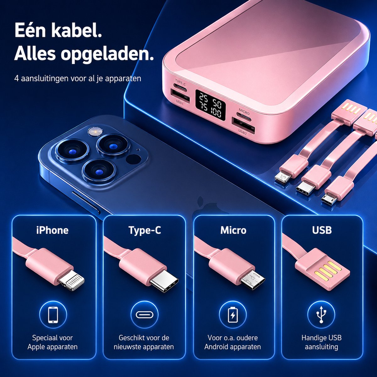 Powerbank 10.000 mAh – Zwart – Met ingebouwde kabels & display – Draagbare oplader / externe batterij voor smartphone & tablet – foto 6