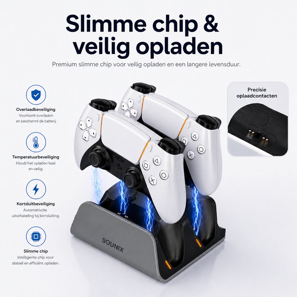 Sounix Oplaadstation geschikt voor PS5 / PS5 Slim / PS5 PRO / DualSense Controller - PS5 accessoires - Dual Oplader - Charging Dock- Grijs – foto 4