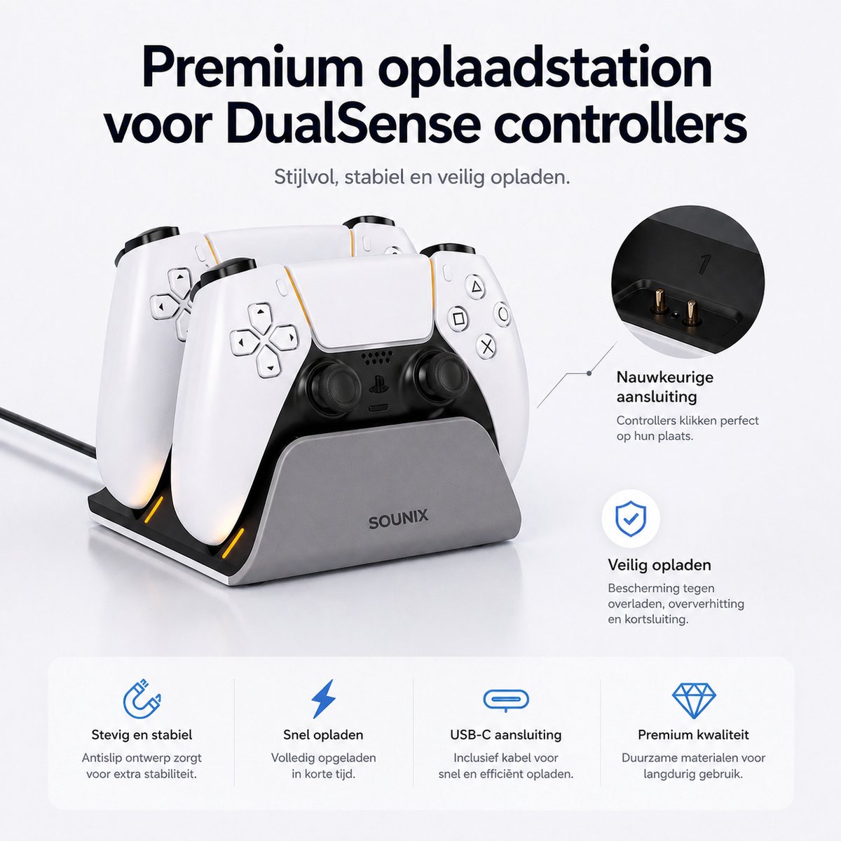 Sounix Oplaadstation geschikt voor PS5 / PS5 Slim / PS5 PRO / DualSense Controller - PS5 accessoires - Dual Oplader - Charging Dock- Grijs – foto 8