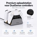 Oplaadstation voor DualSense controllers in grijs met twee witte controllers erop.