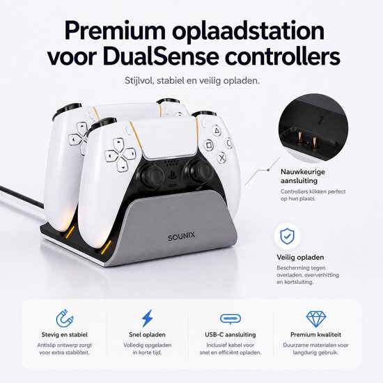 Oplaadstation voor DualSense controllers in grijs met twee witte controllers erop.