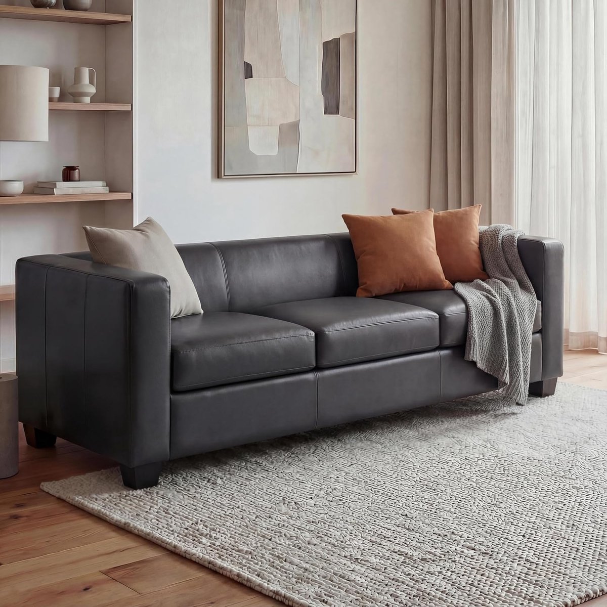 Lille Luxe 3-zits Loungebank Kunstleer Donkergrijs 191 cm – Modern Design Sofa met Comfortabele Zitdiepte