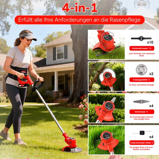 Vrouwen met een rode grastrimmer, 4-in-1 multifunctionaliteit: kunststof messen, cirkelzaag, stalen messen, draadkoppen.