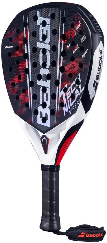 Babolat Technical Viper 3.0 padelracket, zwart met rood en wit, tegen een witte achtergrond.