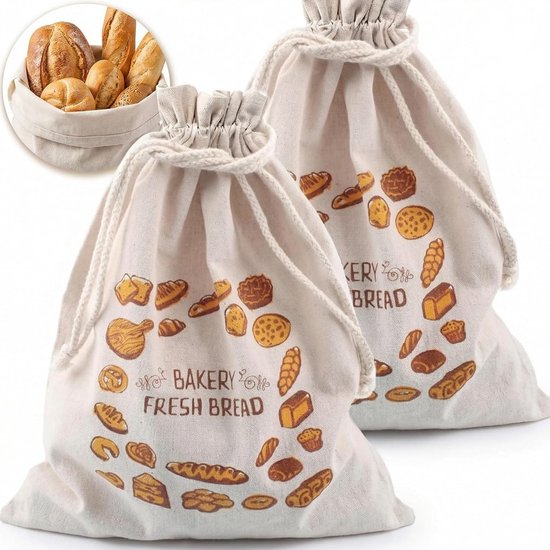 Twee ecru katoenen broodzakken met een trekkoord, bedrukt met broodmotief en "BAKERY FRESH BREAD".