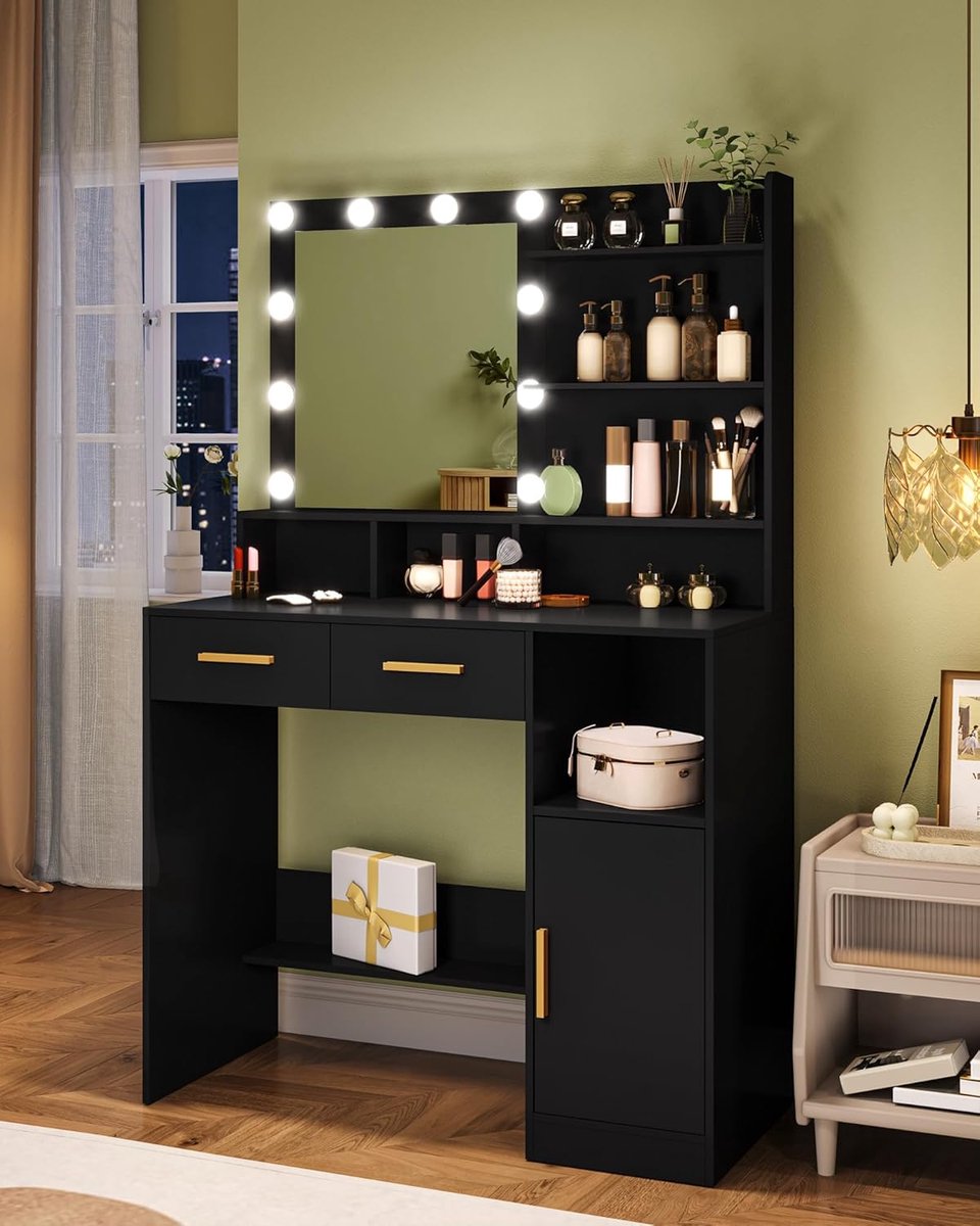 Moderne LED Make-up Tafel met Spiegel en Opbergruimte 40x90x140 cm – Kaptafel met 10 Dimbare LED Lampen, 2 Lades, Kast en Meerdere Planken – Zwart