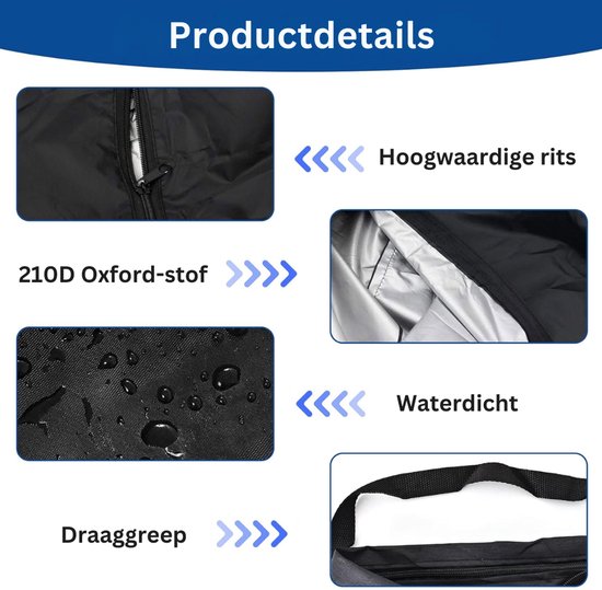 Details van de zwarte opbergtas: 210D Oxford stof, hoogwaardige rits, waterdicht, met draaggreep.