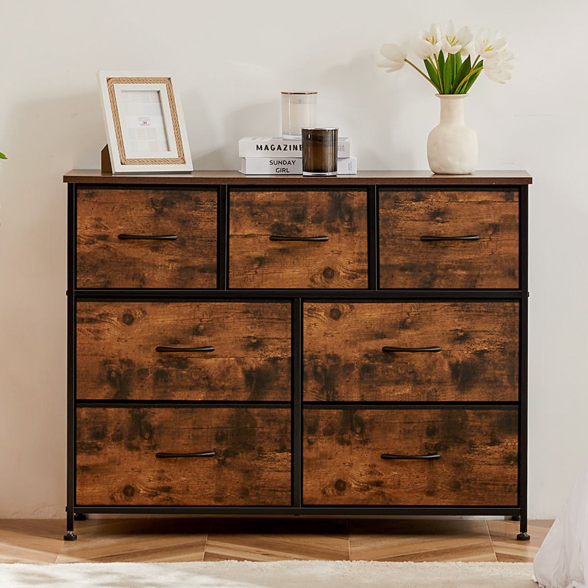Ladekast - Opbergkast met 7 lades – Stoffen ladekast met metalen frame – 3 kleine + 4 grote lades – Vrijstaande kledingkast slaapkamer/hal – Bruin – 100x30x77 cm