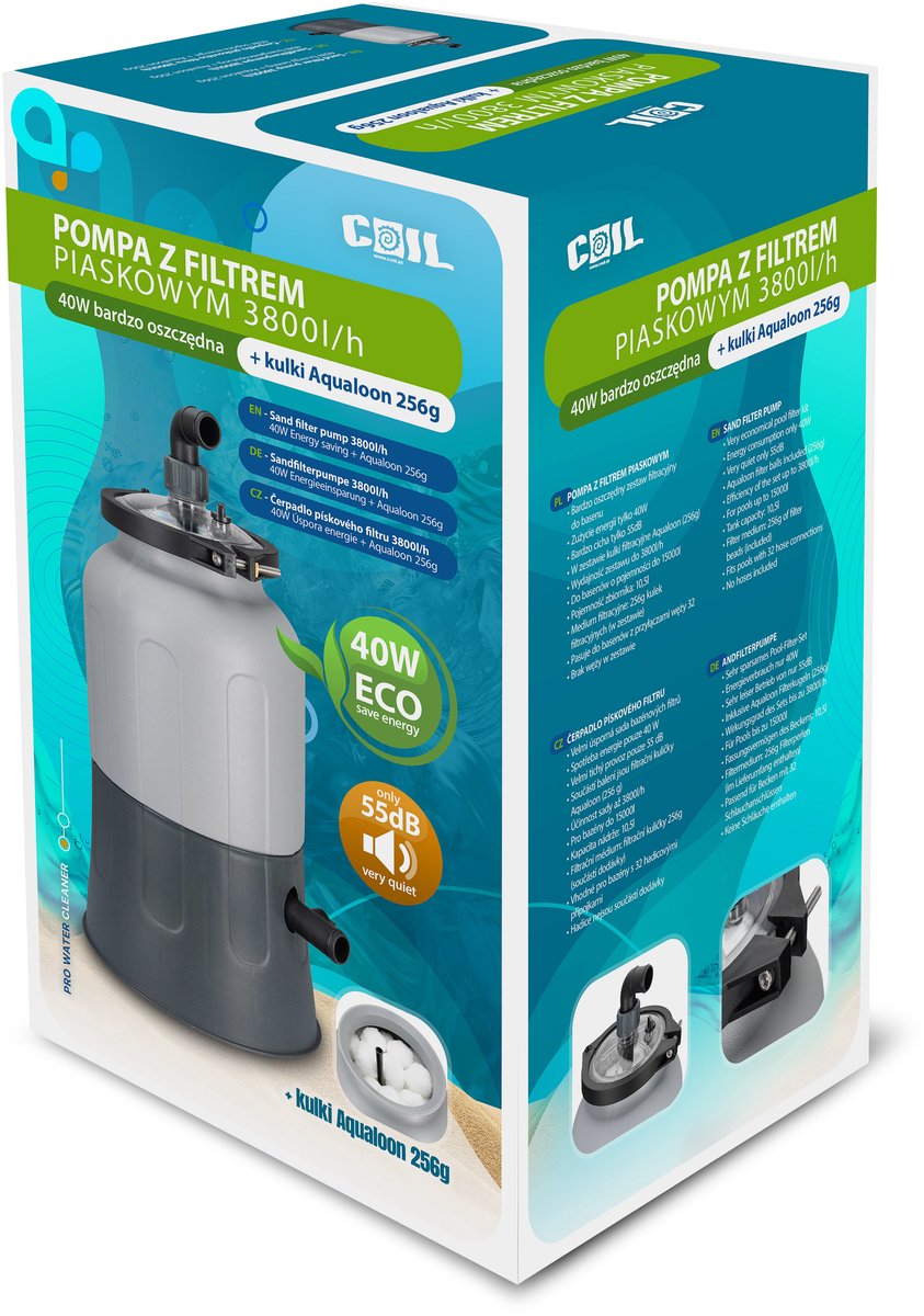 COIL Zandfilterpomp 3800 l/u (40W ECO) – Inclusief Aqualoon filterballen 256g – Stil 55 dB – Voor zwembaden tot 15 m³ – 32 mm aansluiting – foto 5