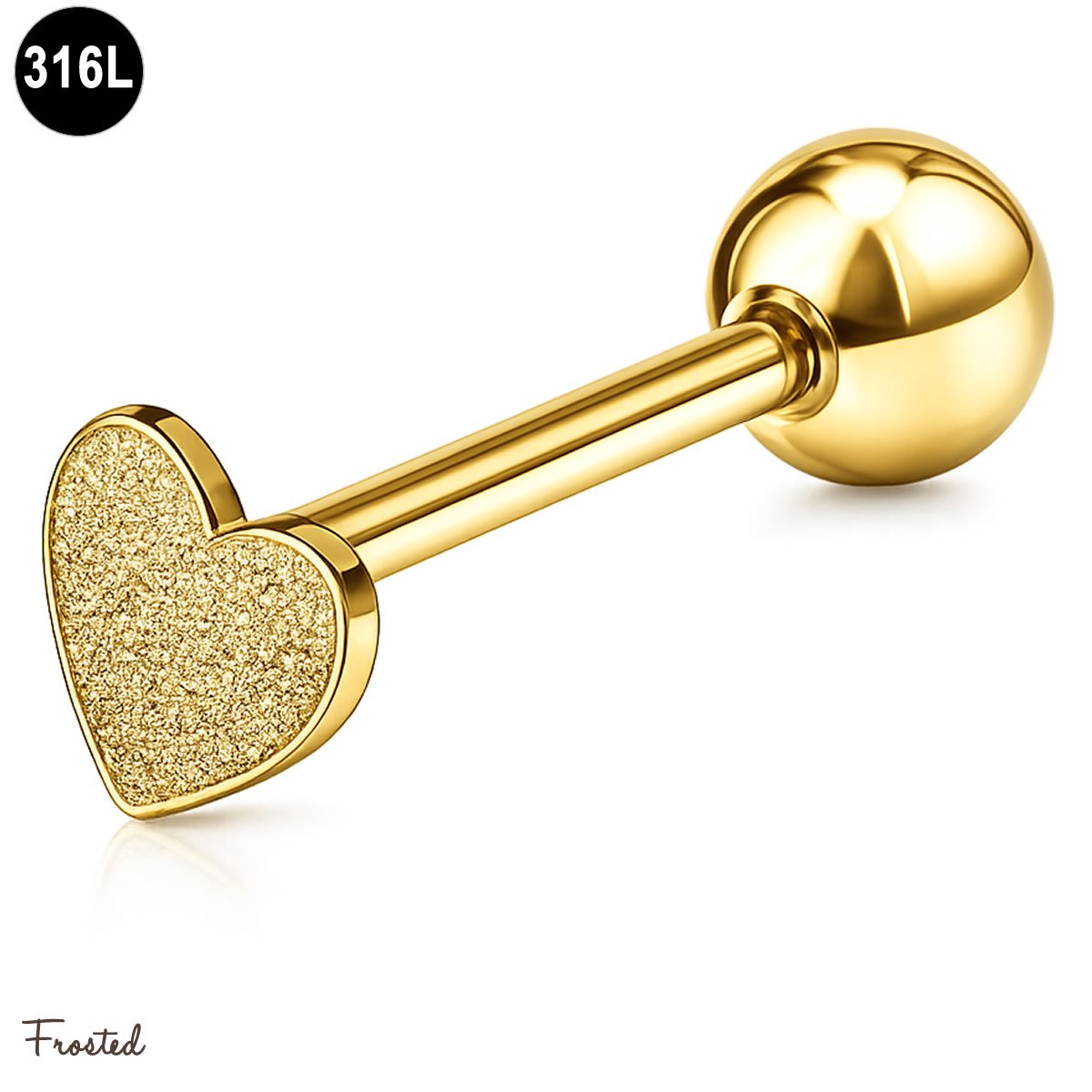 Tongpiercing Goudkleurig 316L Staal met Frosted Hartje – 1.6mm x 16mm