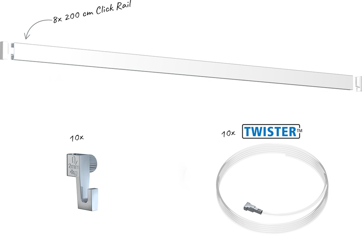 Artiteq Click Rail Schilderij Ophangsysteem 16 meter - Complete Set - Inclusief haken, draden en bevestigingsmaterialen - Wit primer RAL 9016 - 4 kg/m