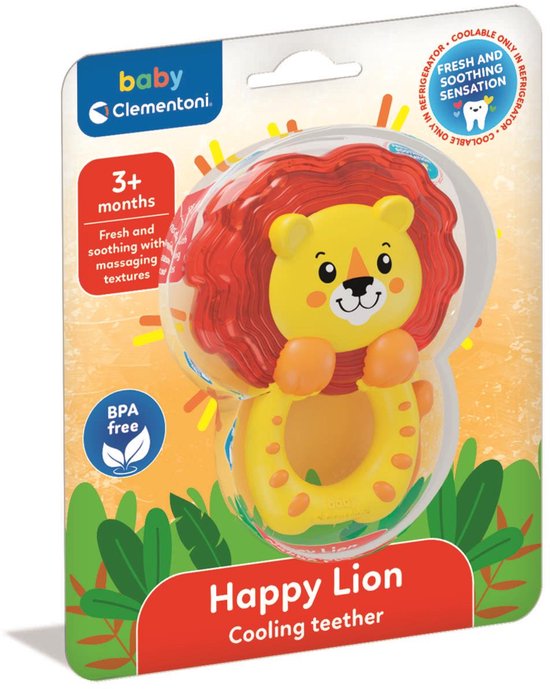 Verpakking van de Clementoni Happy Lion koelbijtring. De bijtring heeft de vorm van een leeuw met rode manen.