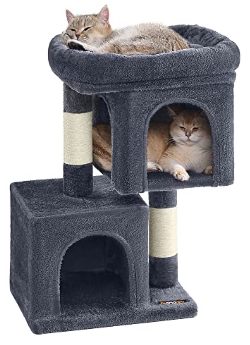 Kattenboom klein 67 cm met groot platform en 2 grotten voor kittens, sisalstammen - rookgrijs