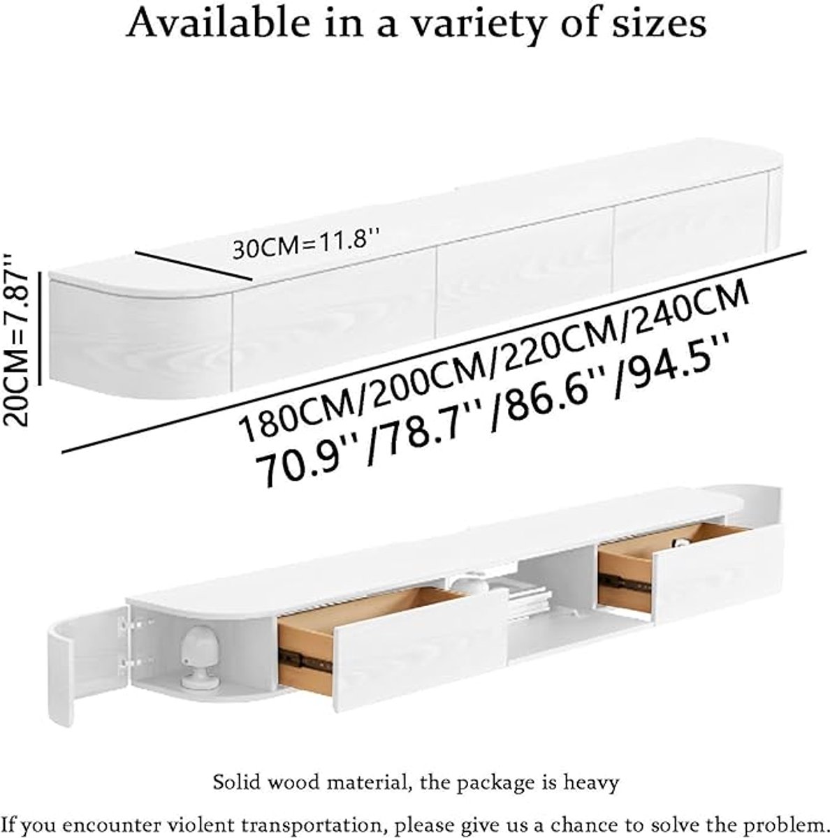 Wandgemonteerde zwevende TV kast 240x30x20 cm met LED verlichting & opbergruimte – modern houten TV meubel met 2 deuren & 2 lades voor woonkamer slaapkamer