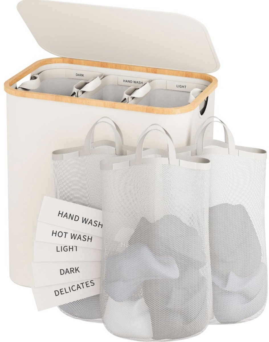 Jently wasmand - wasmand met deksel - afneembare/wasbare binnenzak - 160L - beige